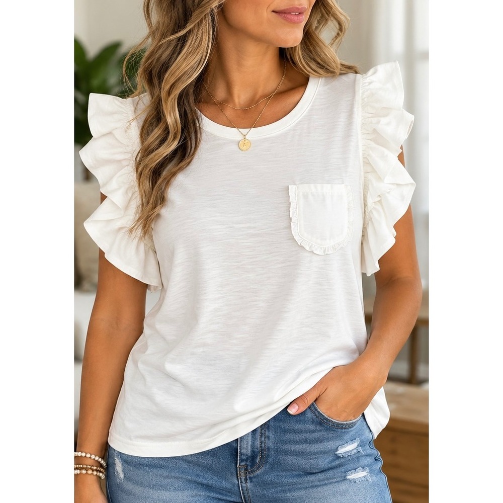 MIHOLL Womens White Ruffle Sleeve Pocket T-Shirt Slub Knit Top XL NWT